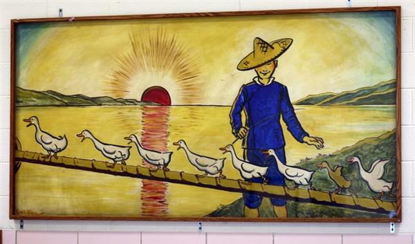 Painting of ducks and a person watching them walk across a fence